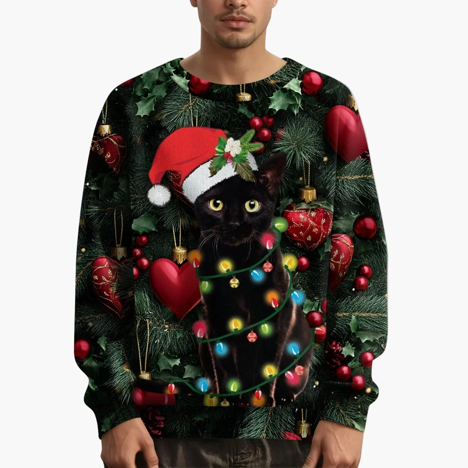 Sweat-shirt de Noël homme motif chat avec pull tricoté – Style festif et original - Image 4