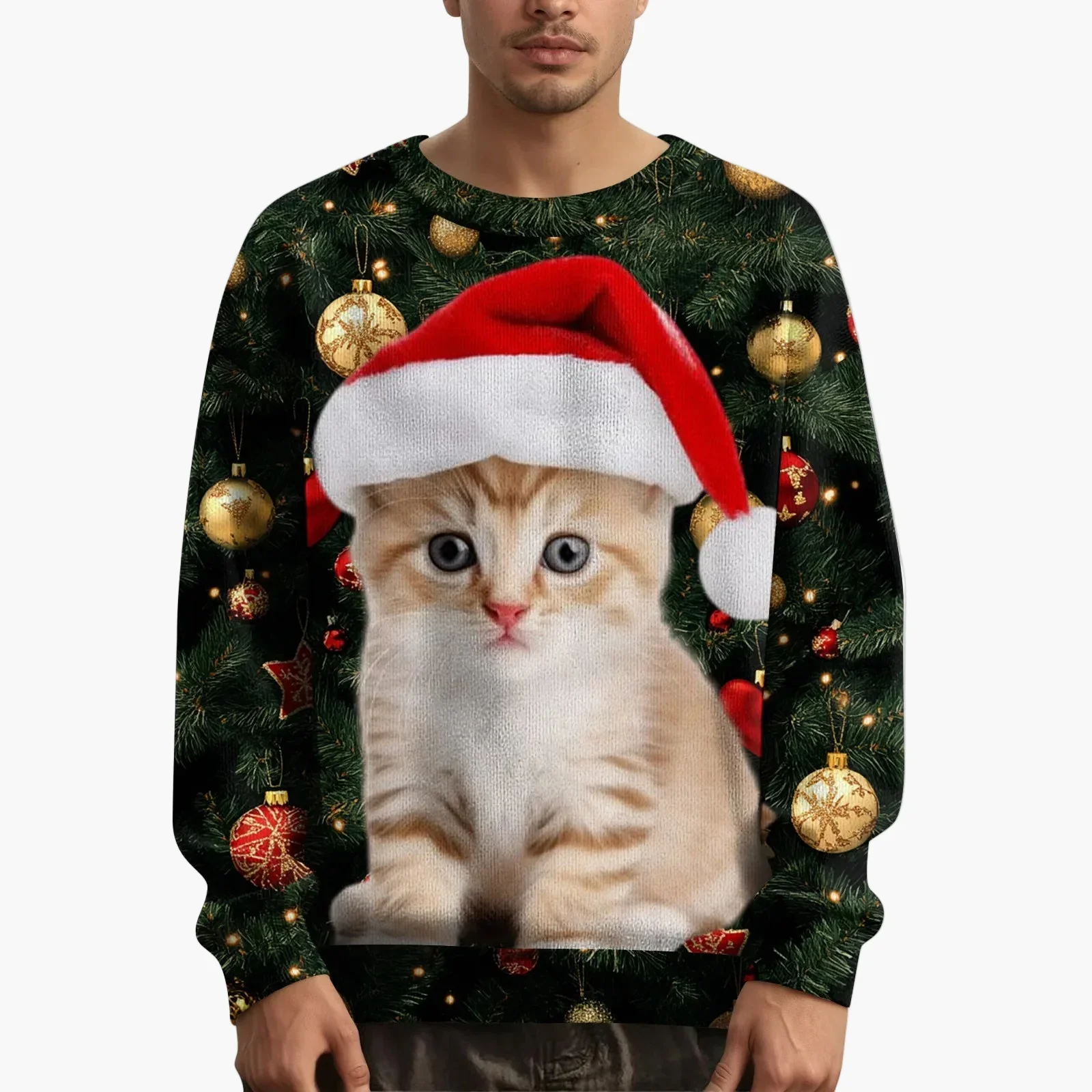 Sweat-shirt de Noël homme motif chat avec pull tricoté – Style festif et original - Image 5