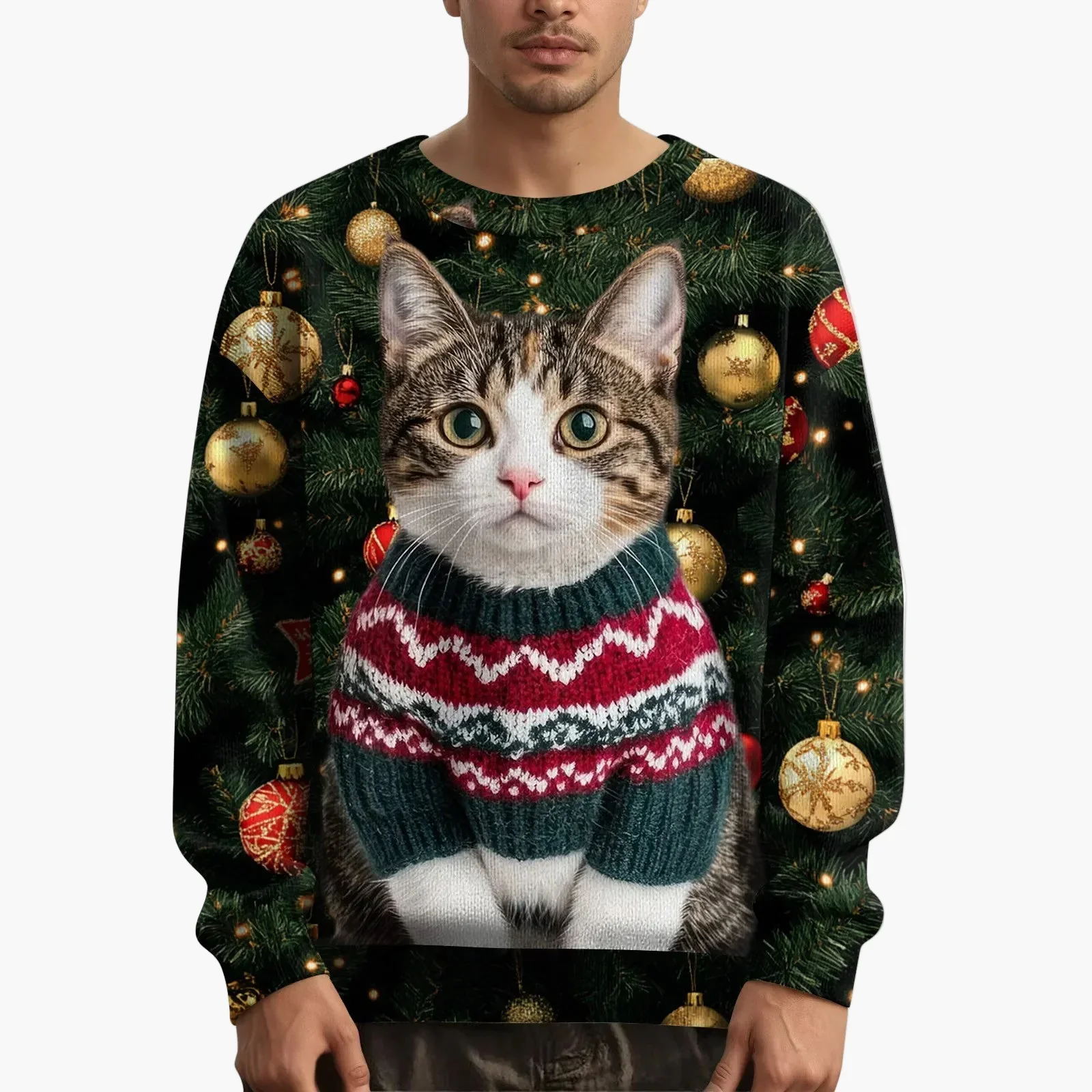Sweat-shirt de Noël homme motif chat avec pull tricoté – Style festif et original - Image 6