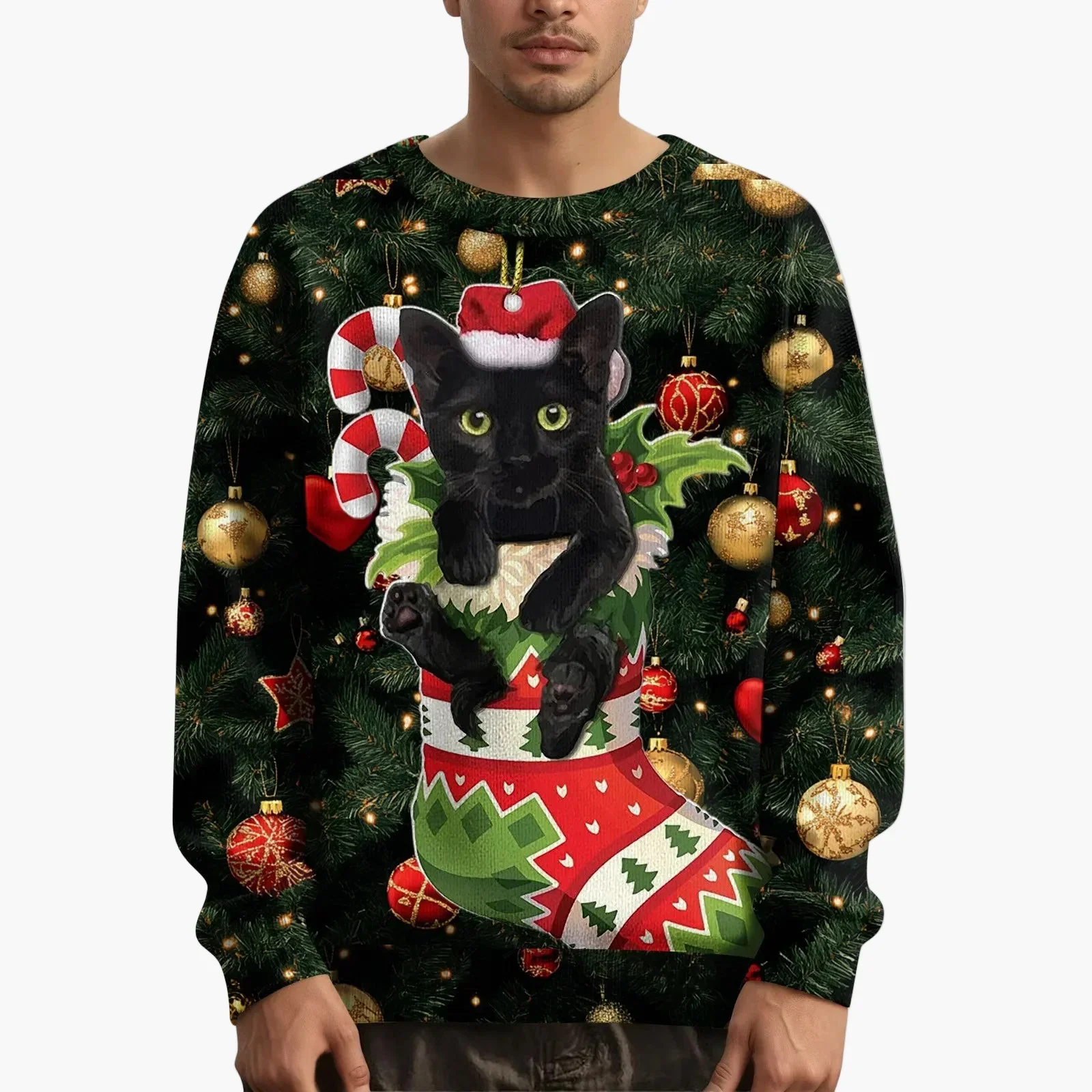 Sweat-shirt de Noël homme motif chat avec pull tricoté – Style festif et original - Image 7