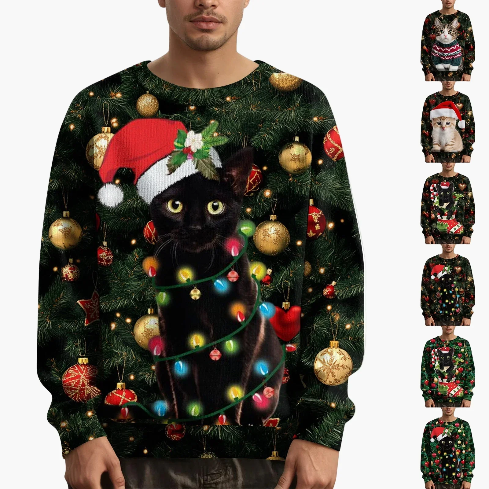 Sweat-shirt de Noël homme motif chat avec pull tricoté – Style festif et original - Image 8