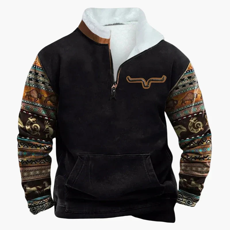 Sweat-shirt polaire homme style western à col zippé – Motifs ethniques et bisons - Image 11