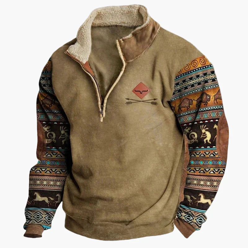 Sweat-shirt polaire homme style western à col zippé – Motifs ethniques et bisons - Image 20