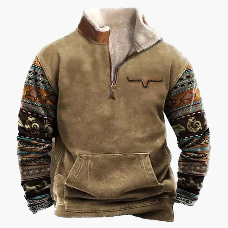 Sweat-shirt polaire homme style western à col zippé – Motifs ethniques et bisons - Image 22