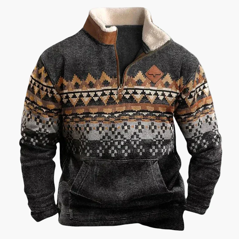 Sweat-shirt polaire homme style western à col zippé – Motifs ethniques et bisons - Image 3
