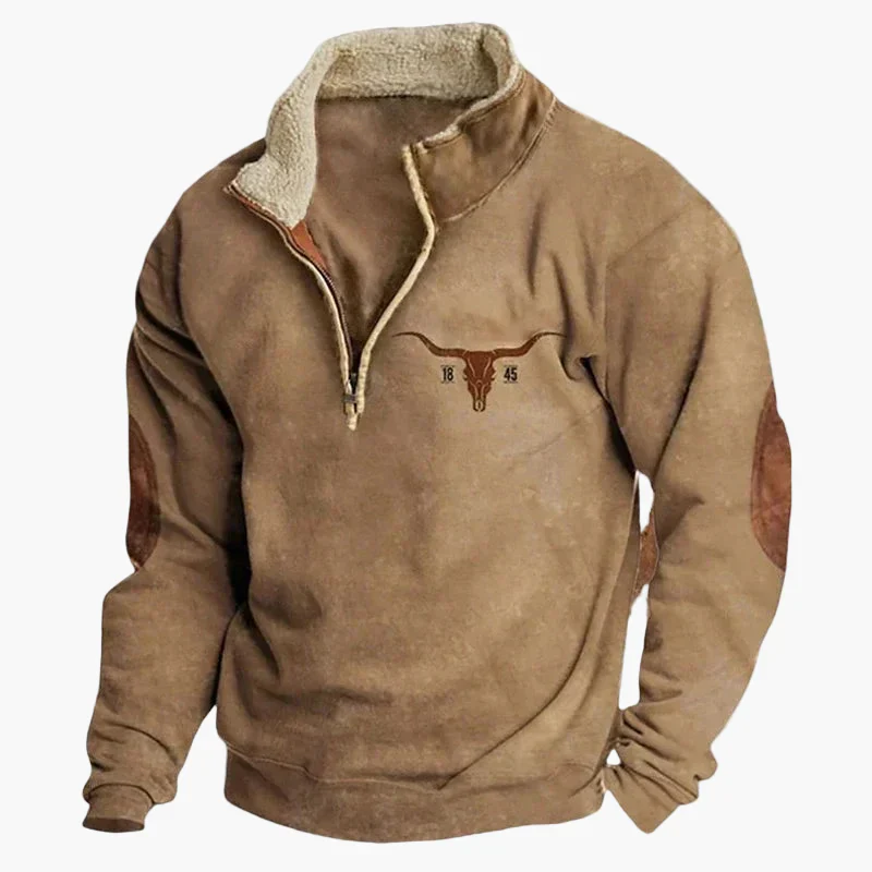 Sweat-shirt polaire homme style western à col zippé – Motifs ethniques et bisons - Image 4