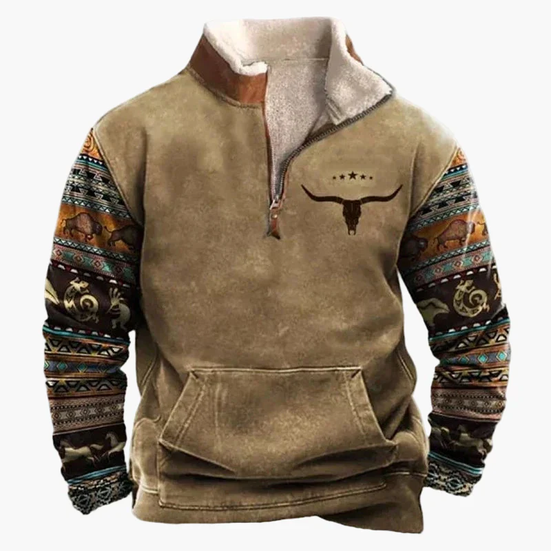 Sweat-shirt polaire homme style western à col zippé – Motifs ethniques et bisons - Image 6
