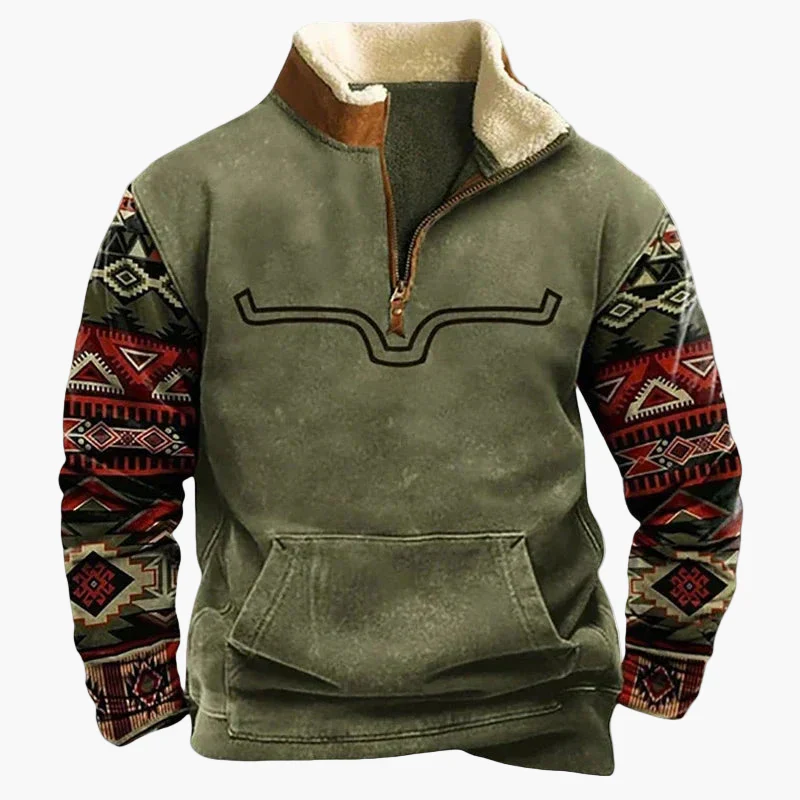 Sweat-shirt polaire homme style western à col zippé – Motifs ethniques et bisons - Image 7