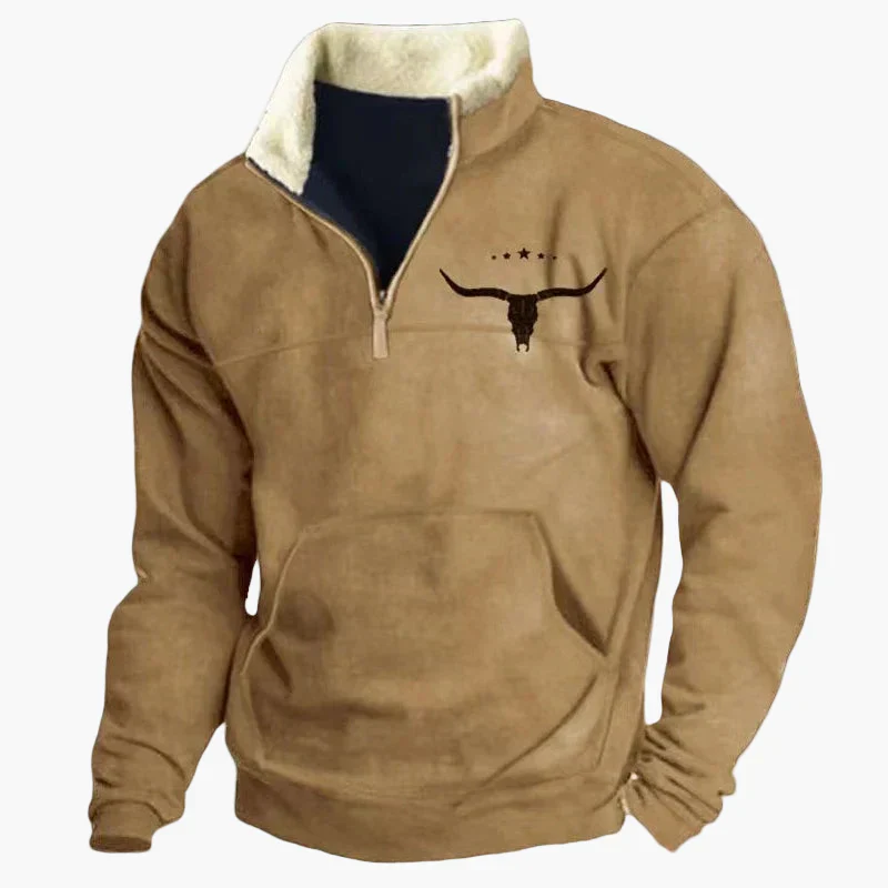 Sweat-shirt polaire homme style western à col zippé – Motifs ethniques et bisons - Image 8