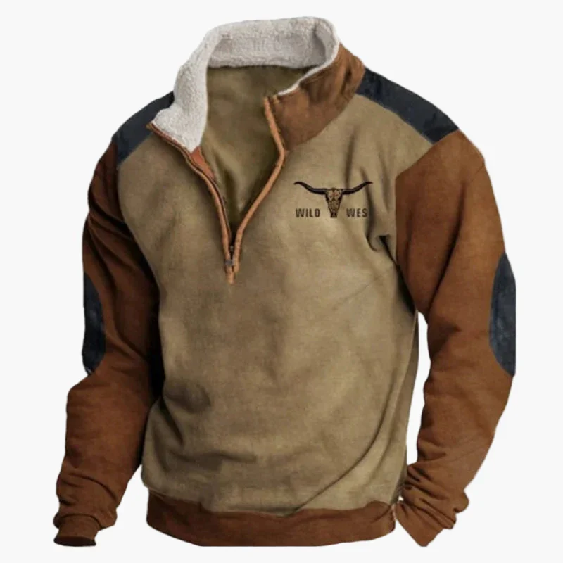 Sweat-shirt polaire homme style western à col zippé – Motifs ethniques et bisons - Image 9