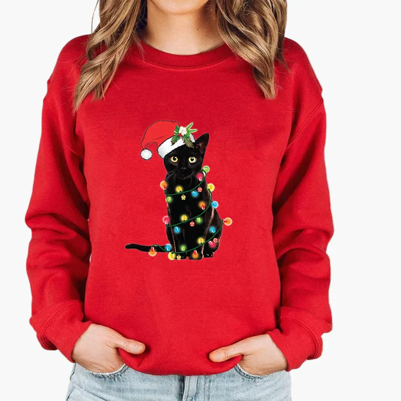 Sweatshirt Femme Style Noël avec Chat et Guirlandes Lumineuses – Idéal pour les Fêtes d’Hiver - Image 10