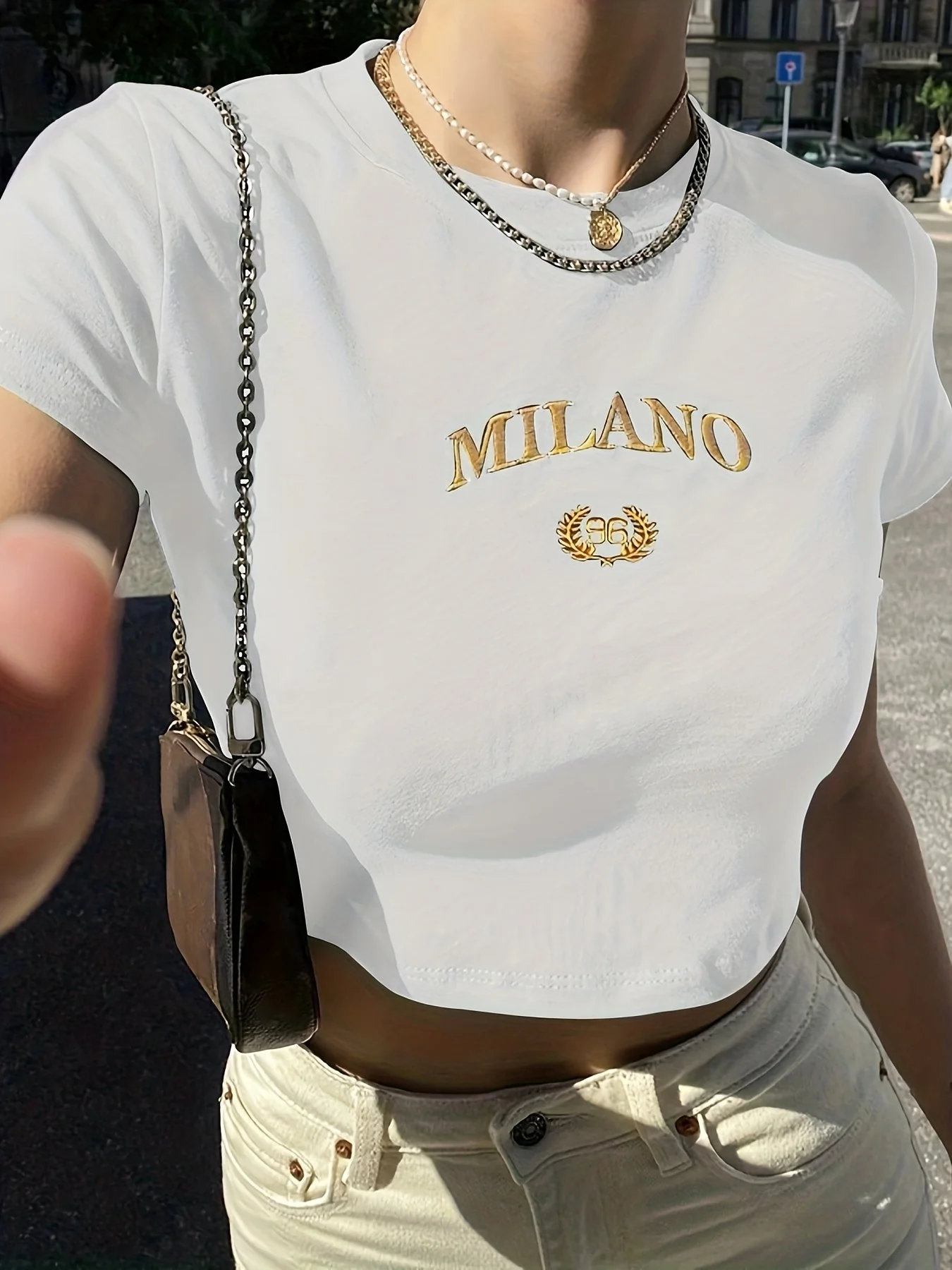 T-shirt court femme style Y2K Milano brodé, tendance été, manches courtes, col rond - Image 3