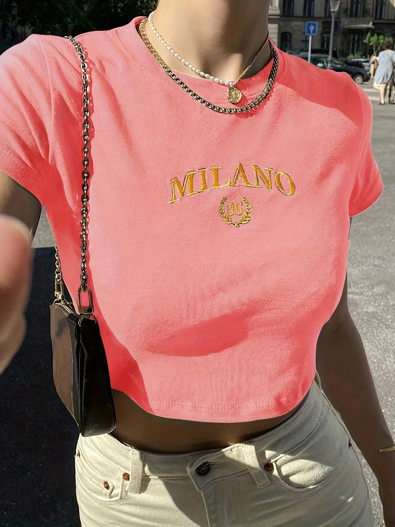 T-shirt court femme style Y2K Milano brodé, tendance été, manches courtes, col rond - Image 4