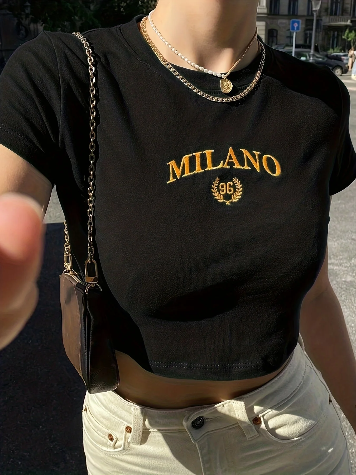 T-shirt court femme style Y2K Milano brodé, tendance été, manches courtes, col rond - Image 5