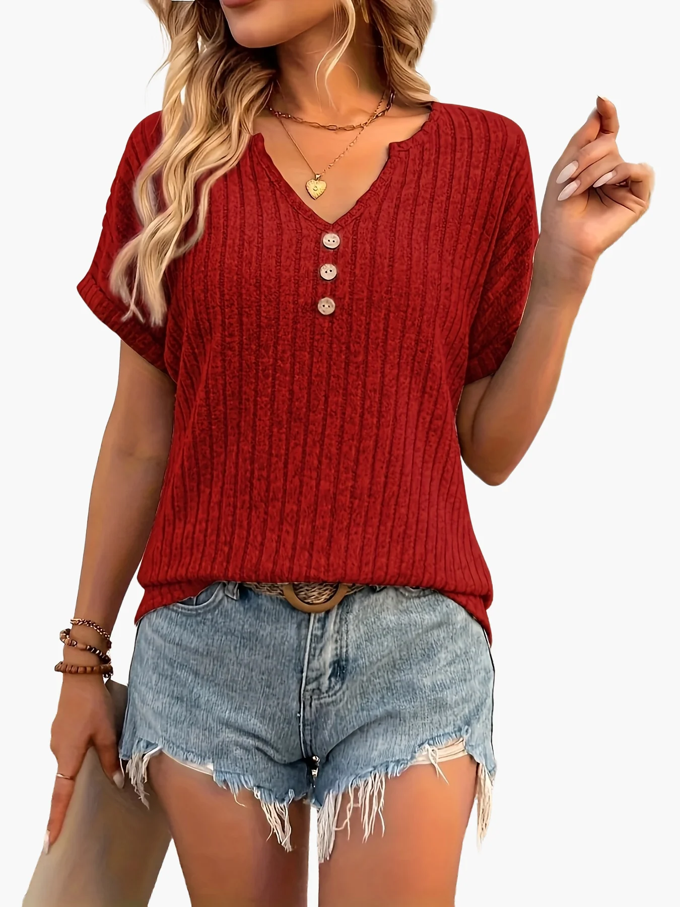 T-shirt décontracté à col en V pour femme, style estival avec boutons et manches courtes - Image 6