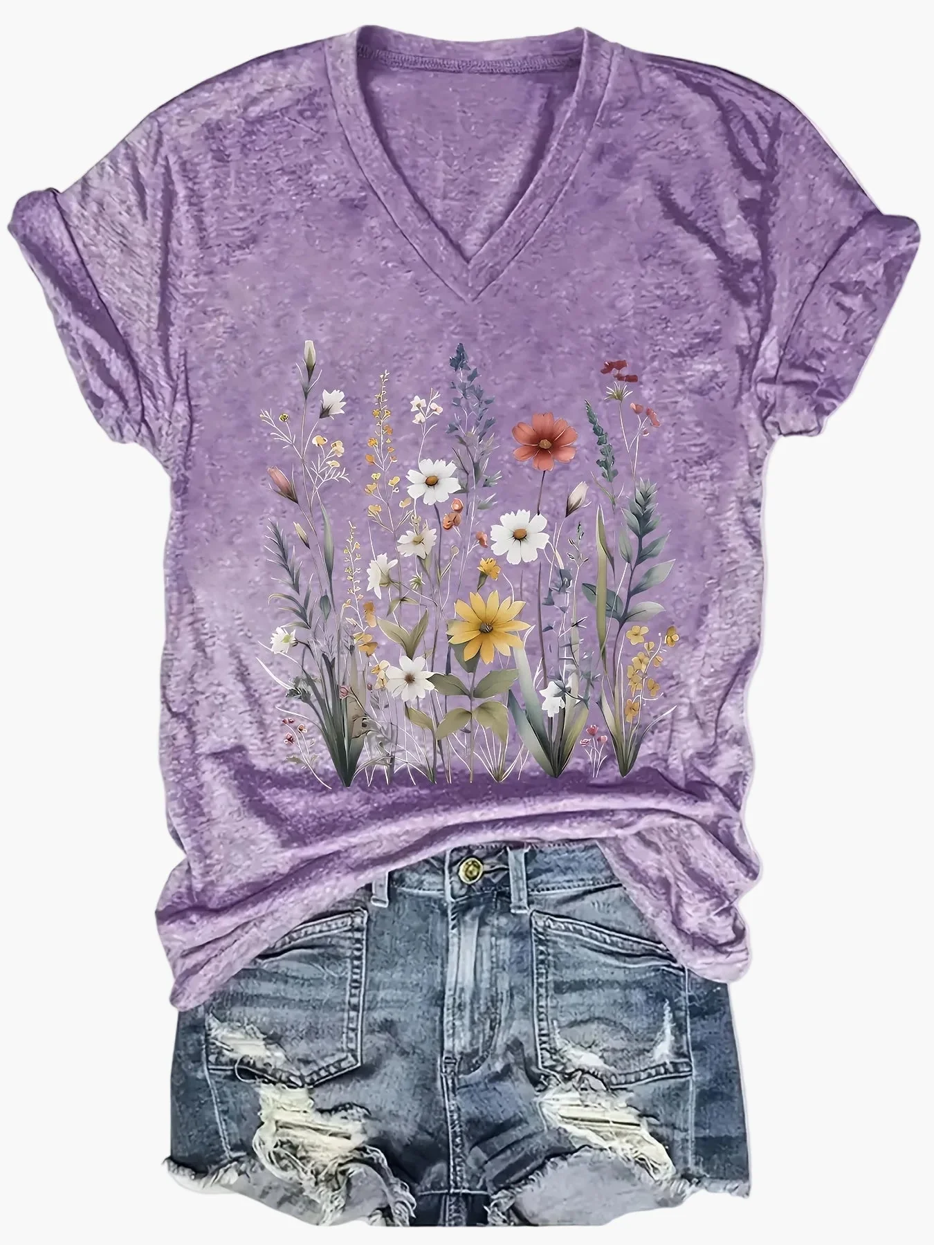 T-shirt décontracté femme à col en V avec imprimé floral bohème pour l'été - Image 2