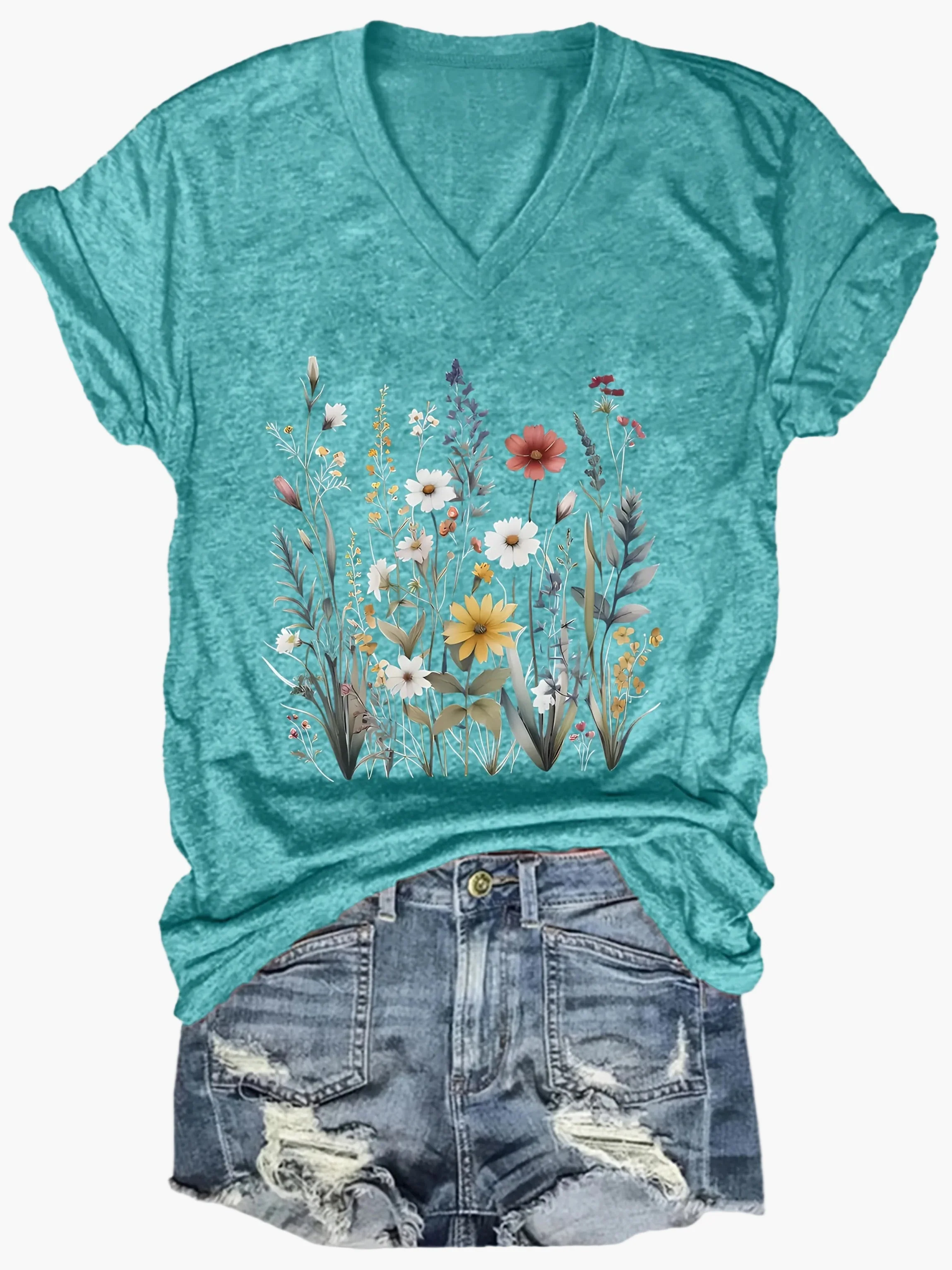 T-shirt décontracté femme à col en V avec imprimé floral bohème pour l'été - Image 3