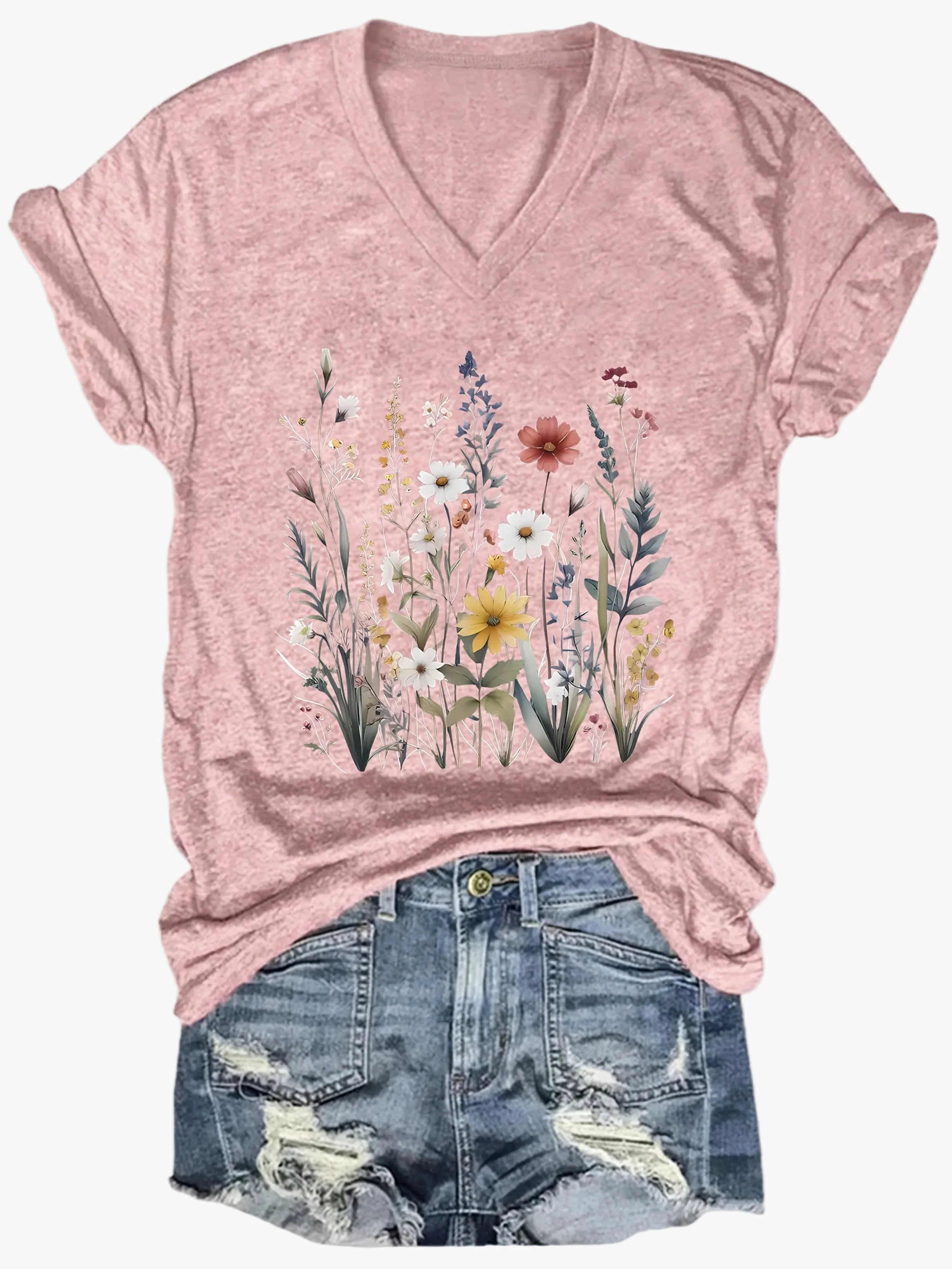 T-shirt décontracté femme à col en V avec imprimé floral bohème pour l'été - Image 4