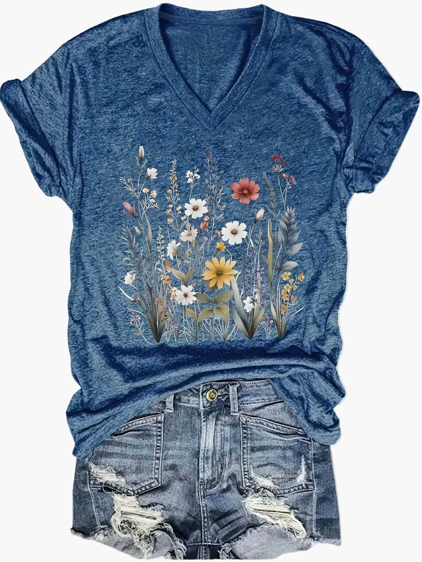 T-shirt décontracté femme à col en V avec imprimé floral bohème pour l'été - Image 5
