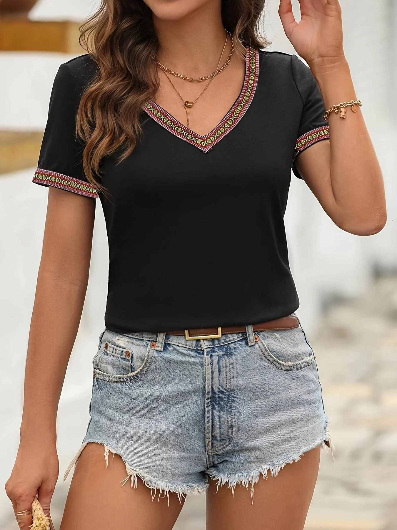T-shirt décontracté femme col en V style bohème pour printemps et été - Image 5