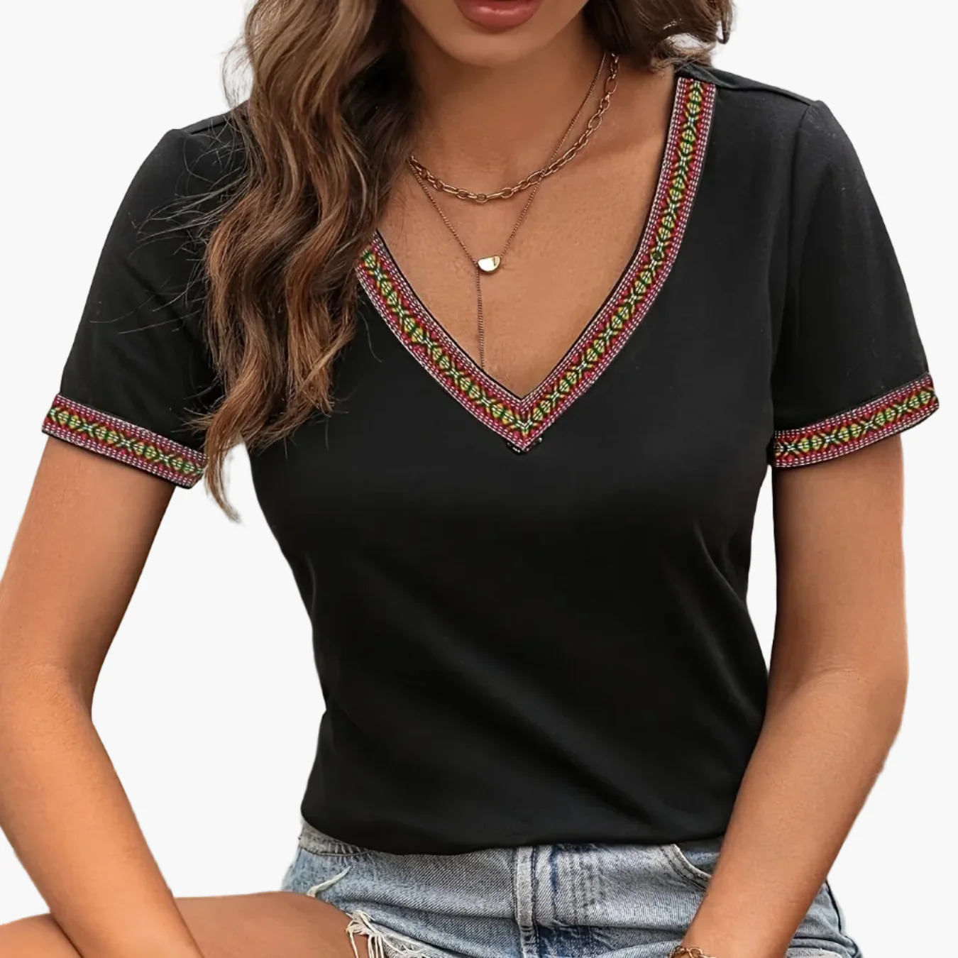 T-shirt décontracté femme col en V style bohème pour printemps et été - Image 7