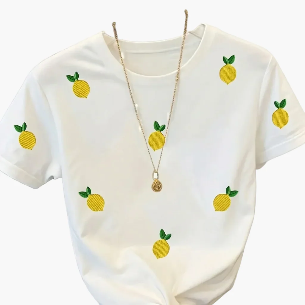 T-shirt décontracté pour femme motif citrons brodés style fruité tendance - Image 7