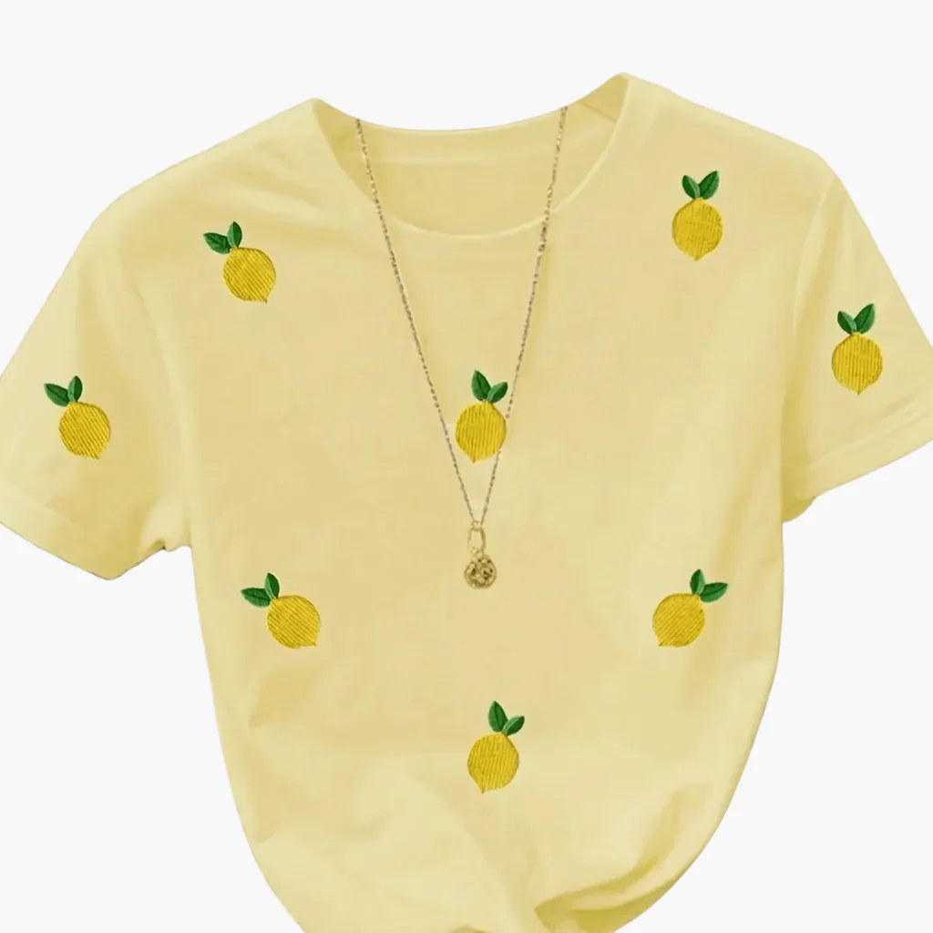T-shirt décontracté pour femme motif citrons brodés style fruité tendance - Image 8