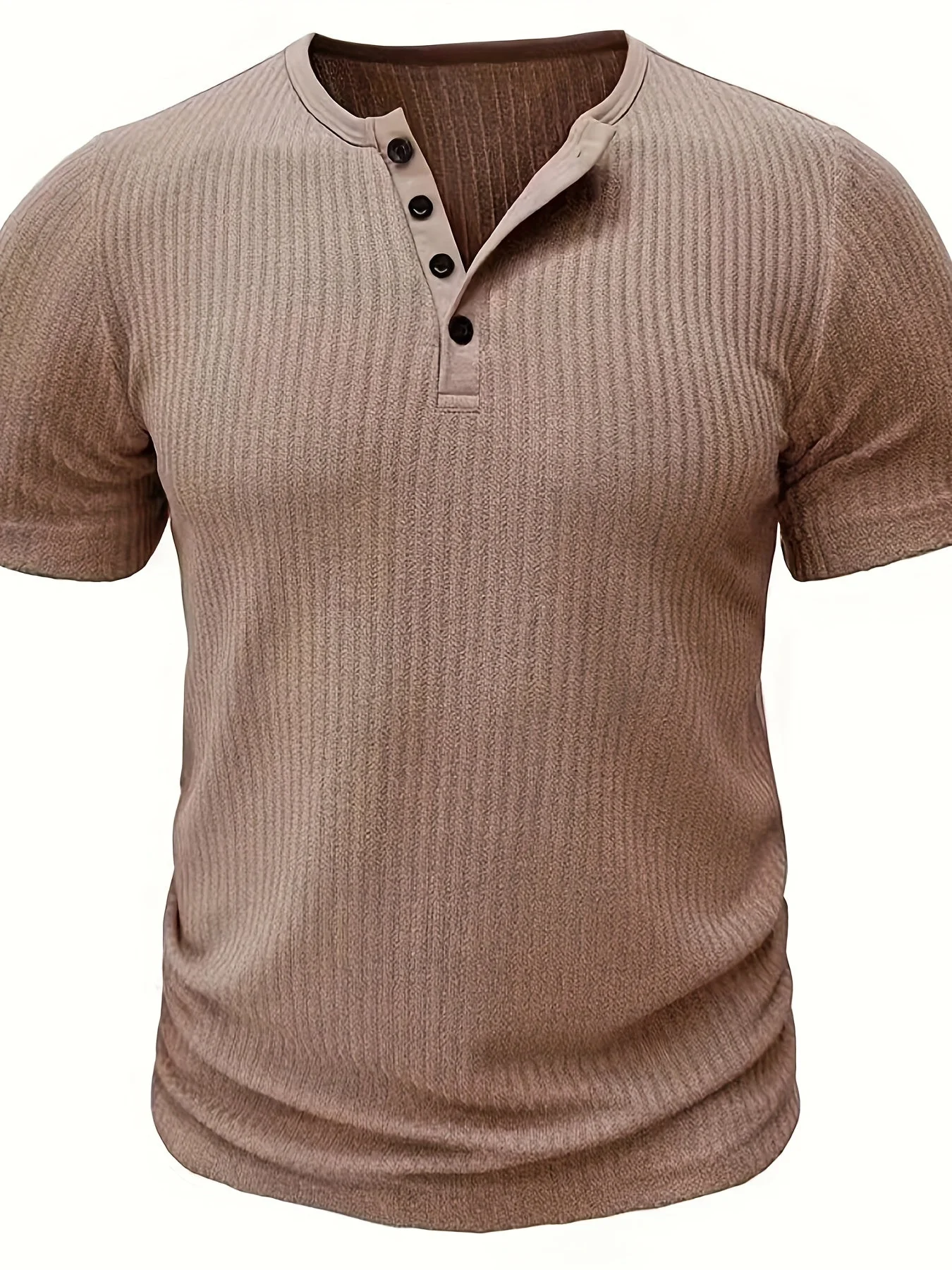 T-shirt Décontracté à Manches Courtes pour Homme Style Henley Boutonné Rayé - Image 2