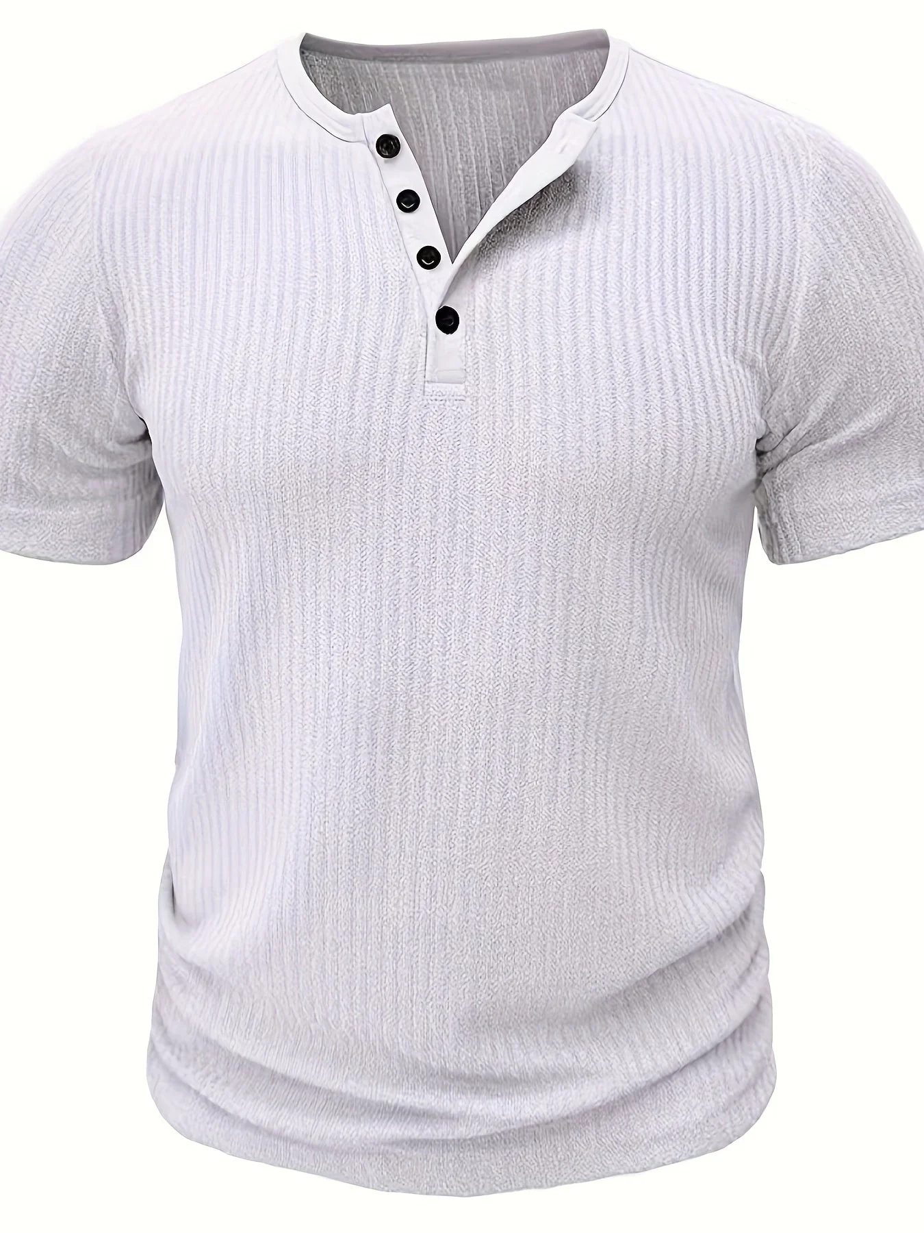 T-shirt Décontracté à Manches Courtes pour Homme Style Henley Boutonné Rayé - Image 3
