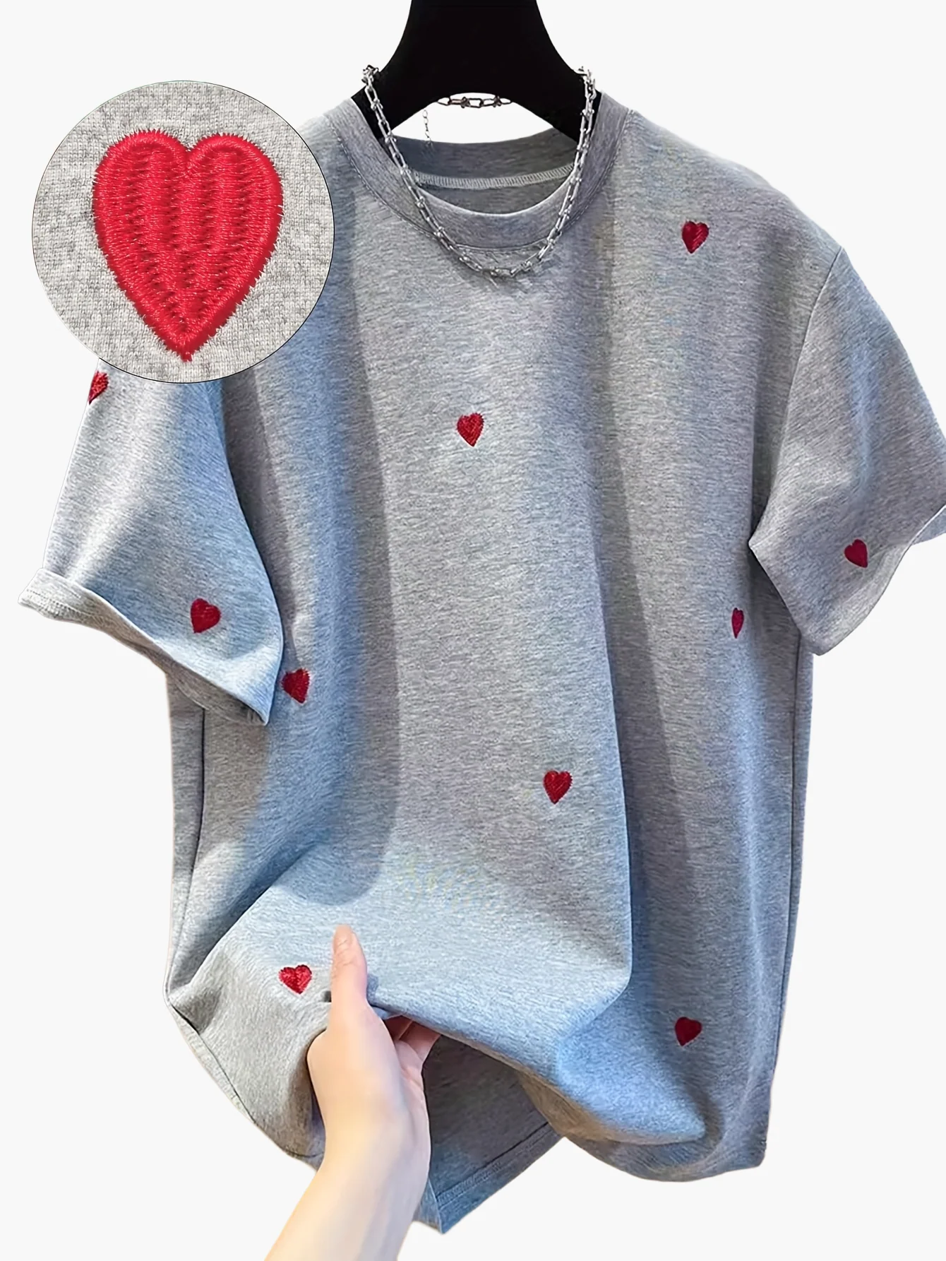T-shirt décontracté à motif cœur brodé pour femmes, style tendance et usage quotidien - Image 8