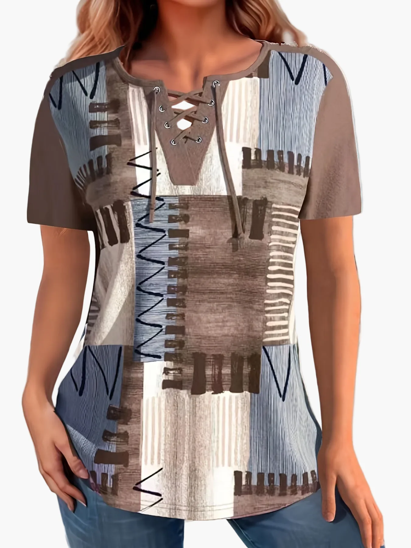T-shirt décontracté à motif géométrique lacé pour femme, style estival urbain - Image 6