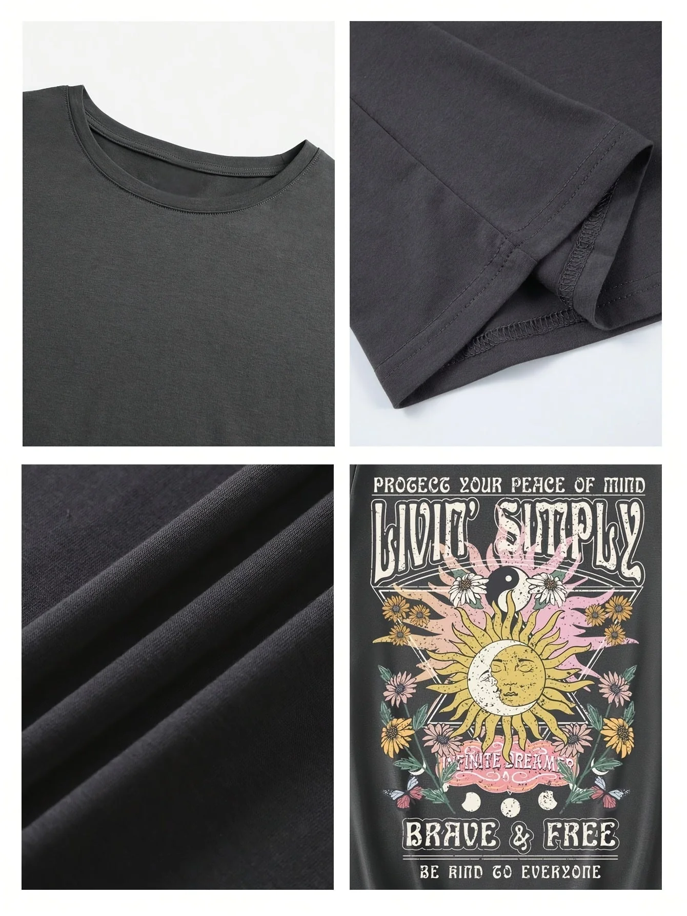 T-shirt femme style bohème graphique « Live Simply » imprimé soleil et lune, manche courte, casual - Image 3