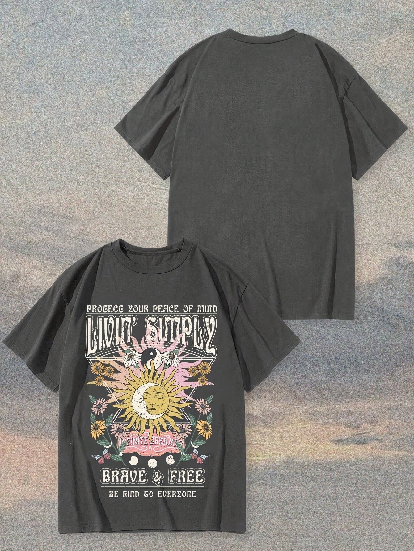 T-shirt femme style bohème graphique « Live Simply » imprimé soleil et lune, manche courte, casual - Image 4