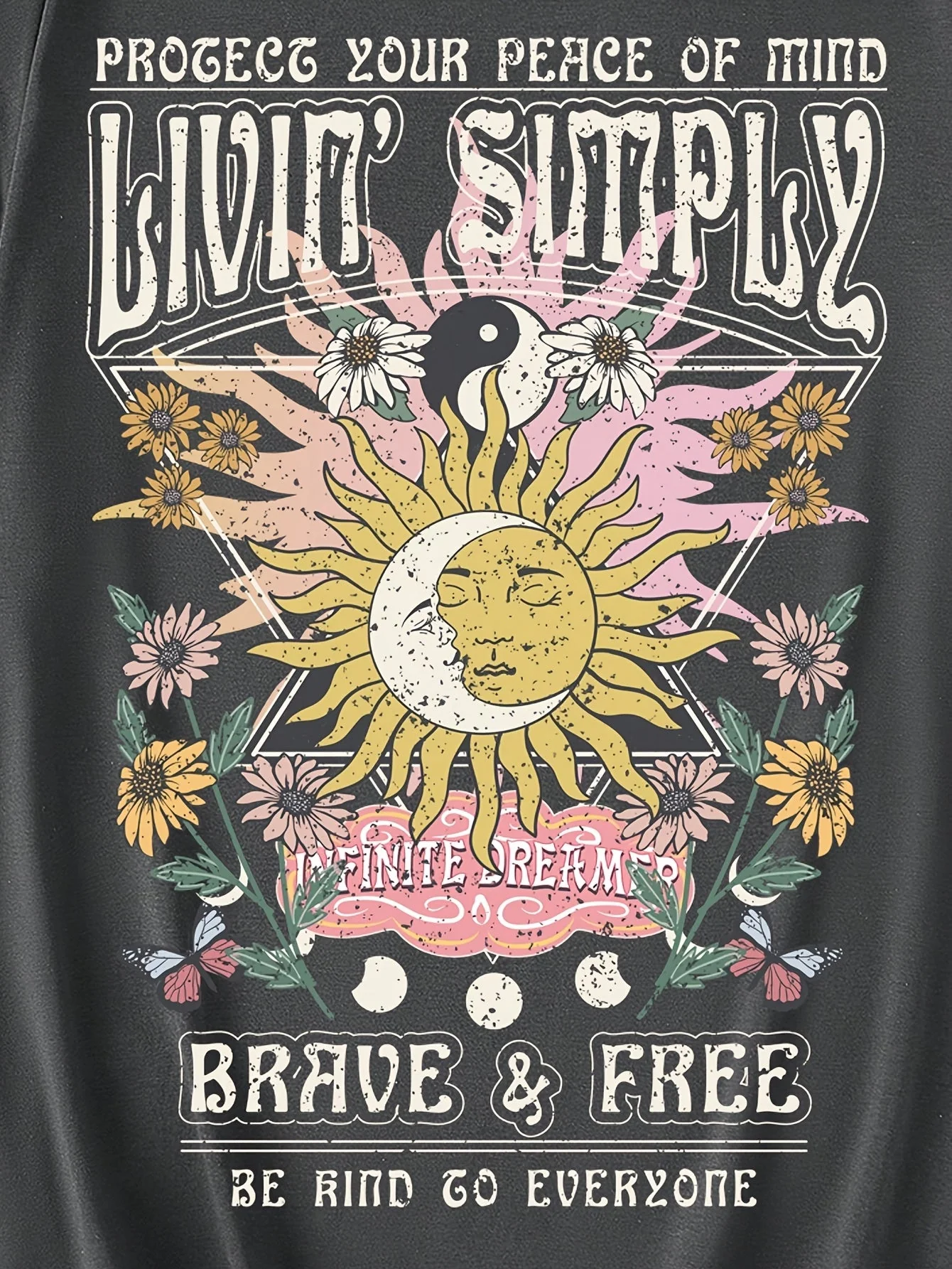 T-shirt femme style bohème graphique « Live Simply » imprimé soleil et lune, manche courte, casual - Image 5