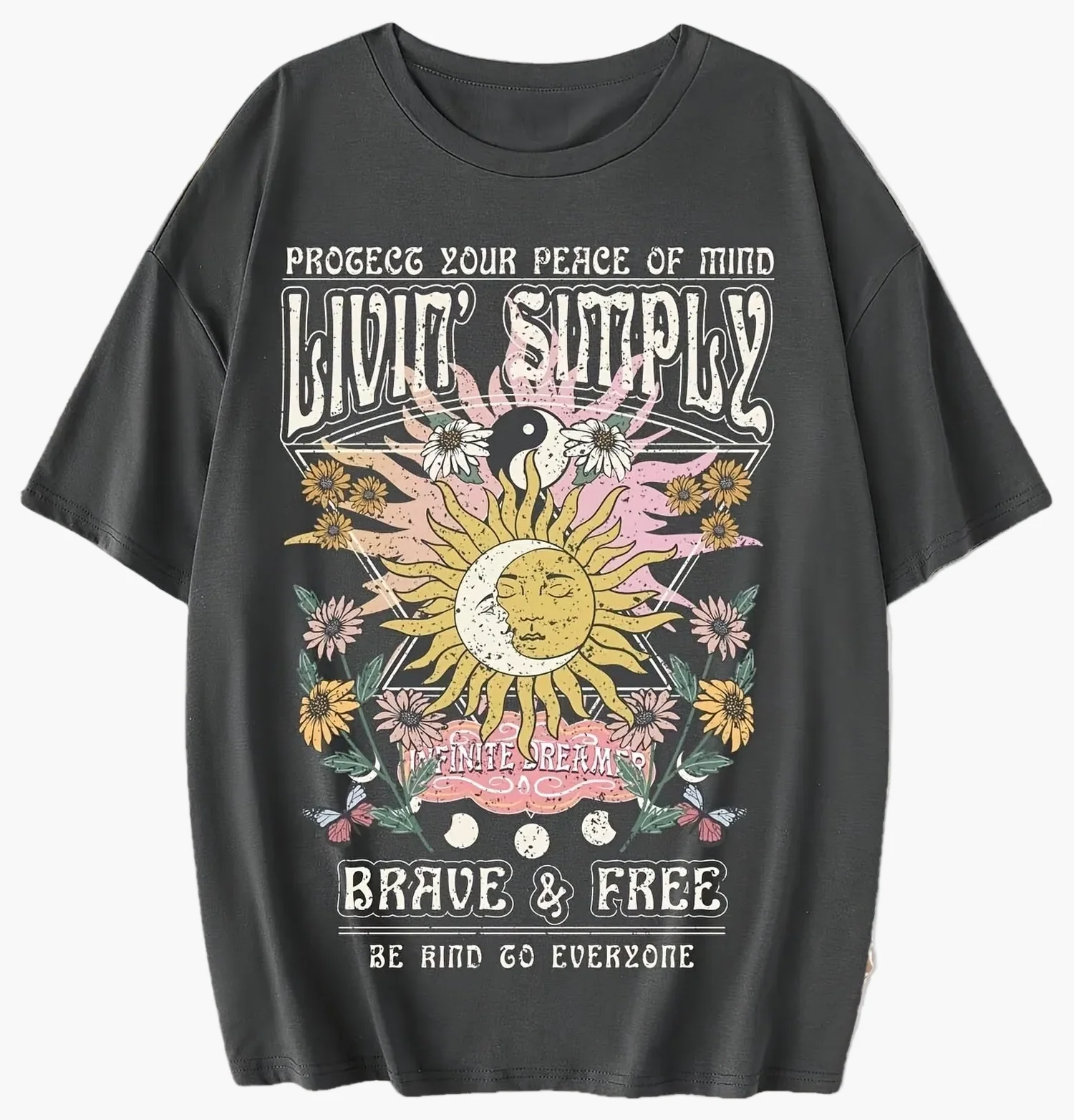 T-shirt femme style bohème graphique « Live Simply » imprimé soleil et lune, manche courte, casual - Image 6