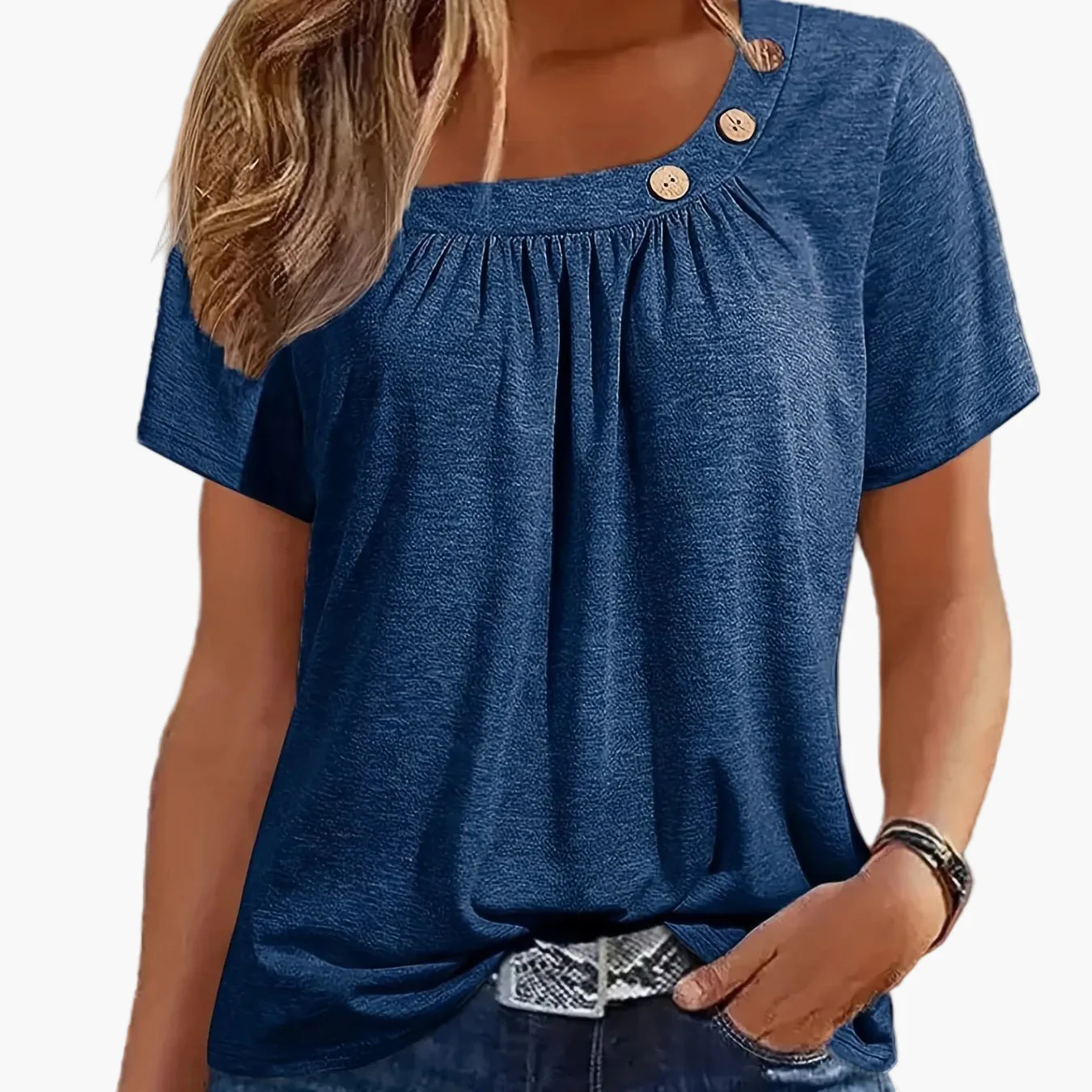 T-shirt femme col asymétrique à boutons style décontracté chic pour loisirs ou sorties - Image 12