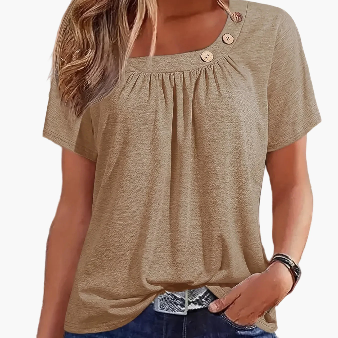T-shirt femme col asymétrique à boutons style décontracté chic pour loisirs ou sorties - Image 14