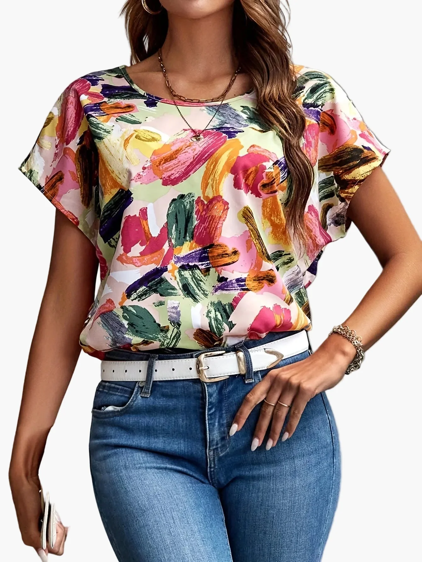 T-shirt femme coupe décontractée style artistique imprimé pinceaux – Élégant pour l'été - Image 5