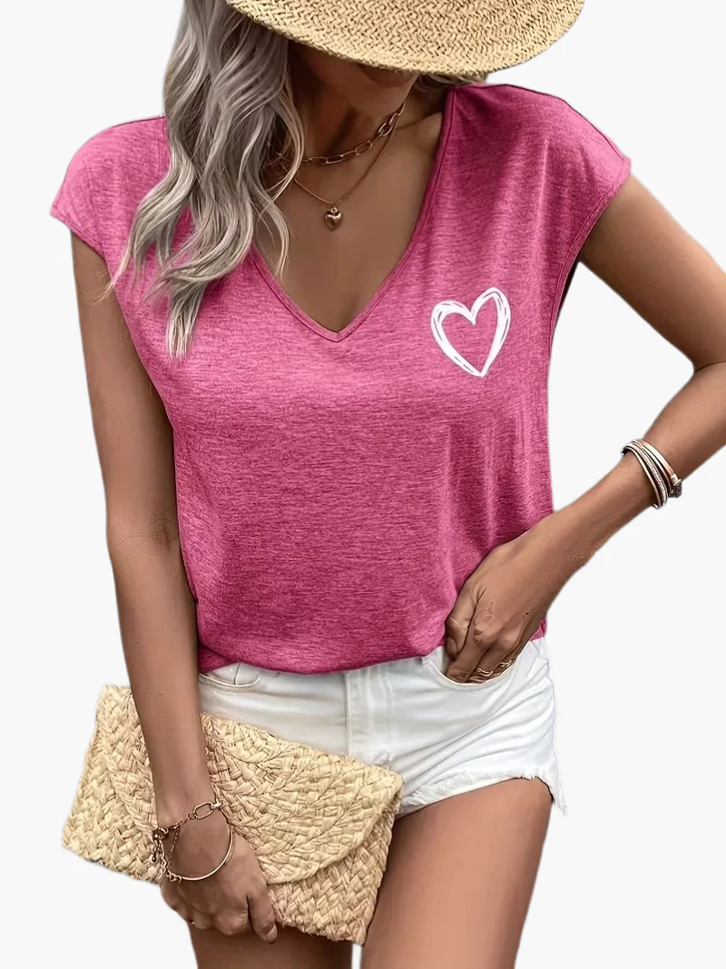T-shirt Femme Décontracté à Col V Motif Cœur Style Estival - Image 11