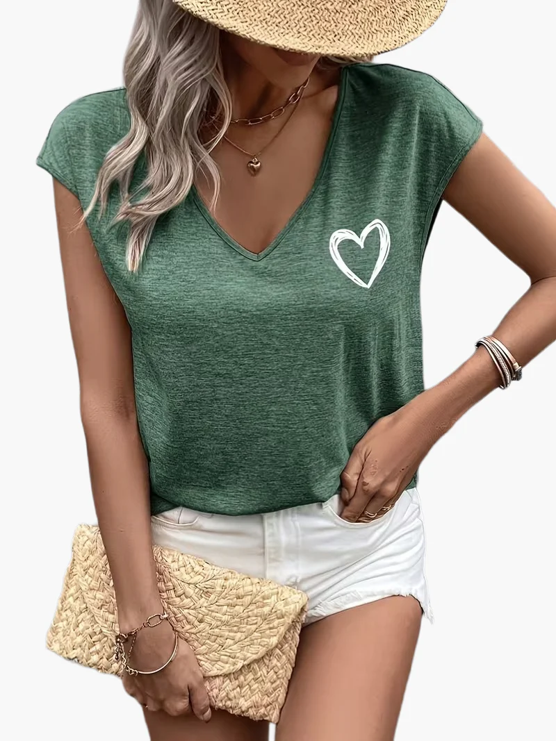 T-shirt Femme Décontracté à Col V Motif Cœur Style Estival - Image 13