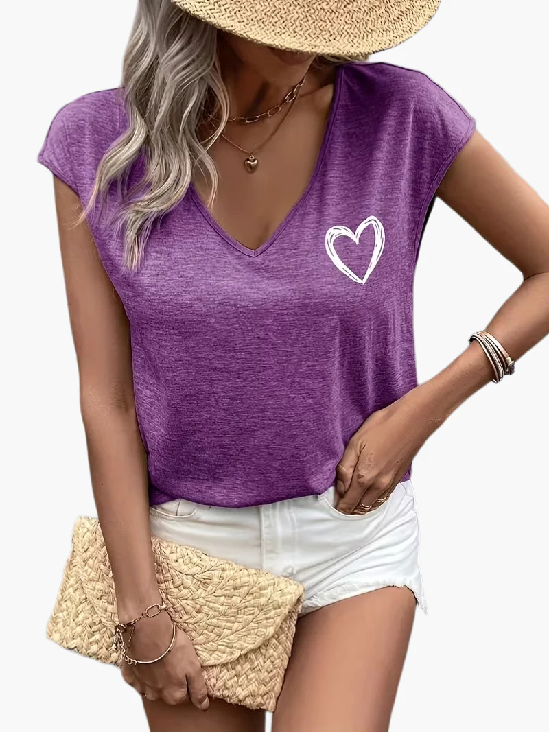 T-shirt Femme Décontracté à Col V Motif Cœur Style Estival - Image 14