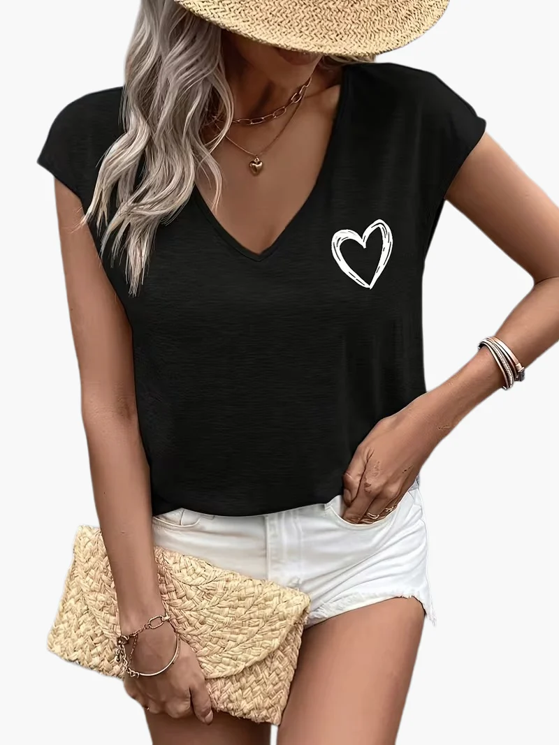 T-shirt Femme Décontracté à Col V Motif Cœur Style Estival - Image 15