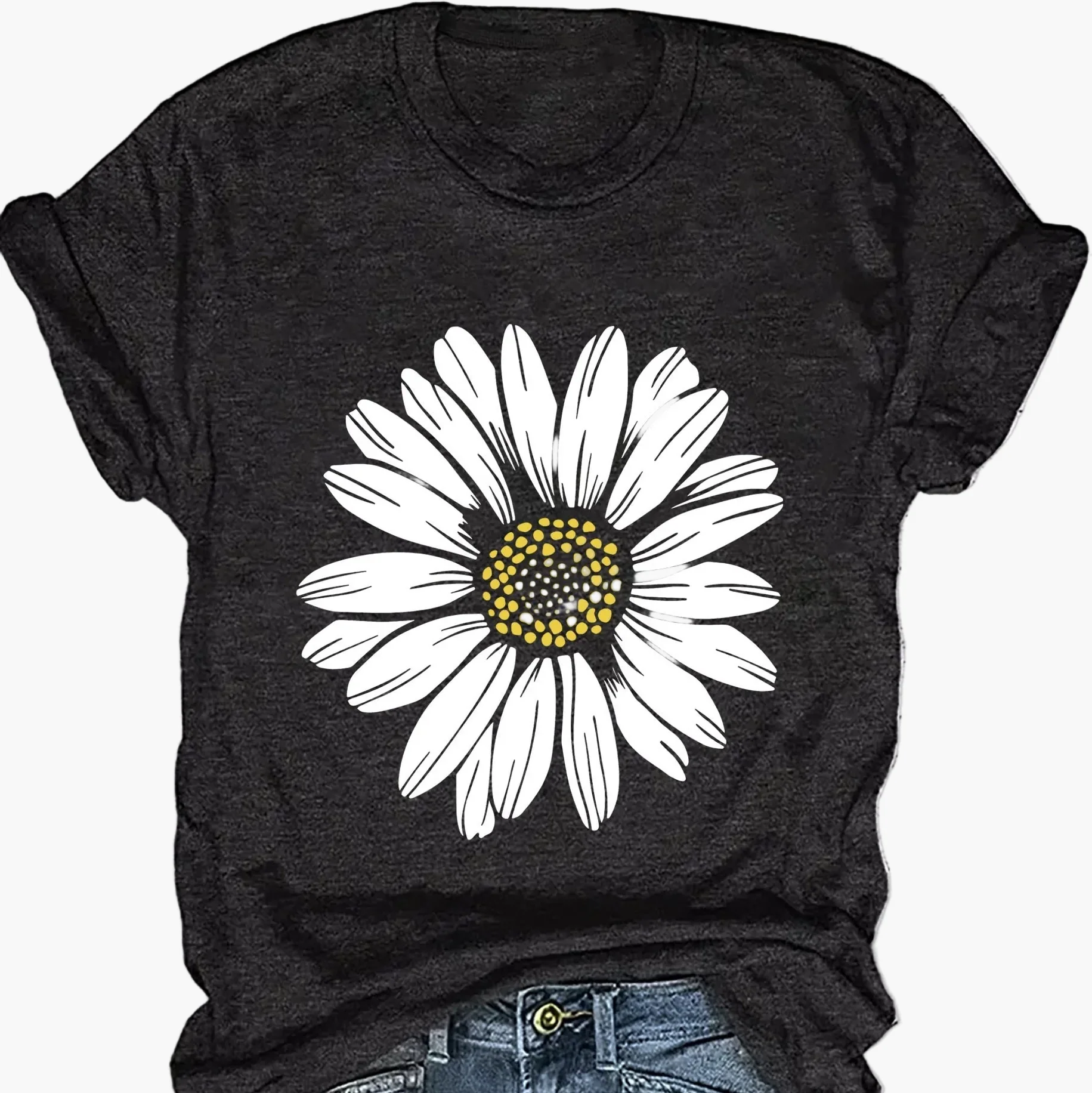 T-shirt femme décontracté motif marguerite pour look estival et tendance - Image 10