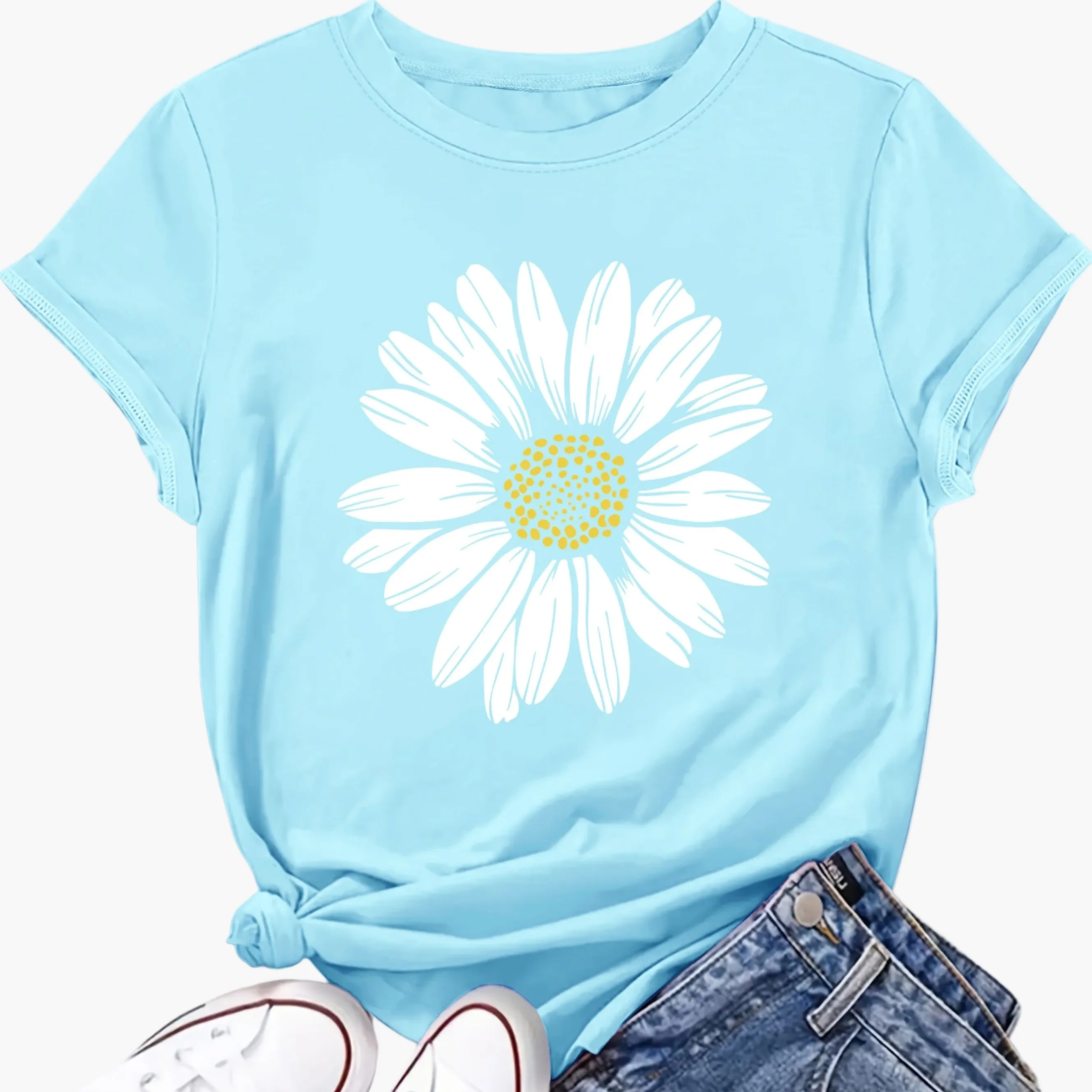 T-shirt femme décontracté motif marguerite pour look estival et tendance - Image 16