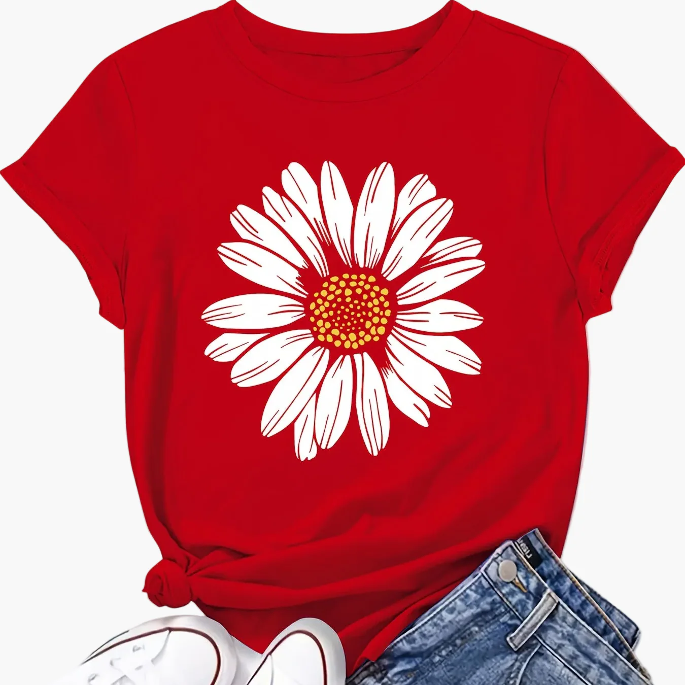 T-shirt femme décontracté motif marguerite pour look estival et tendance - Image 18