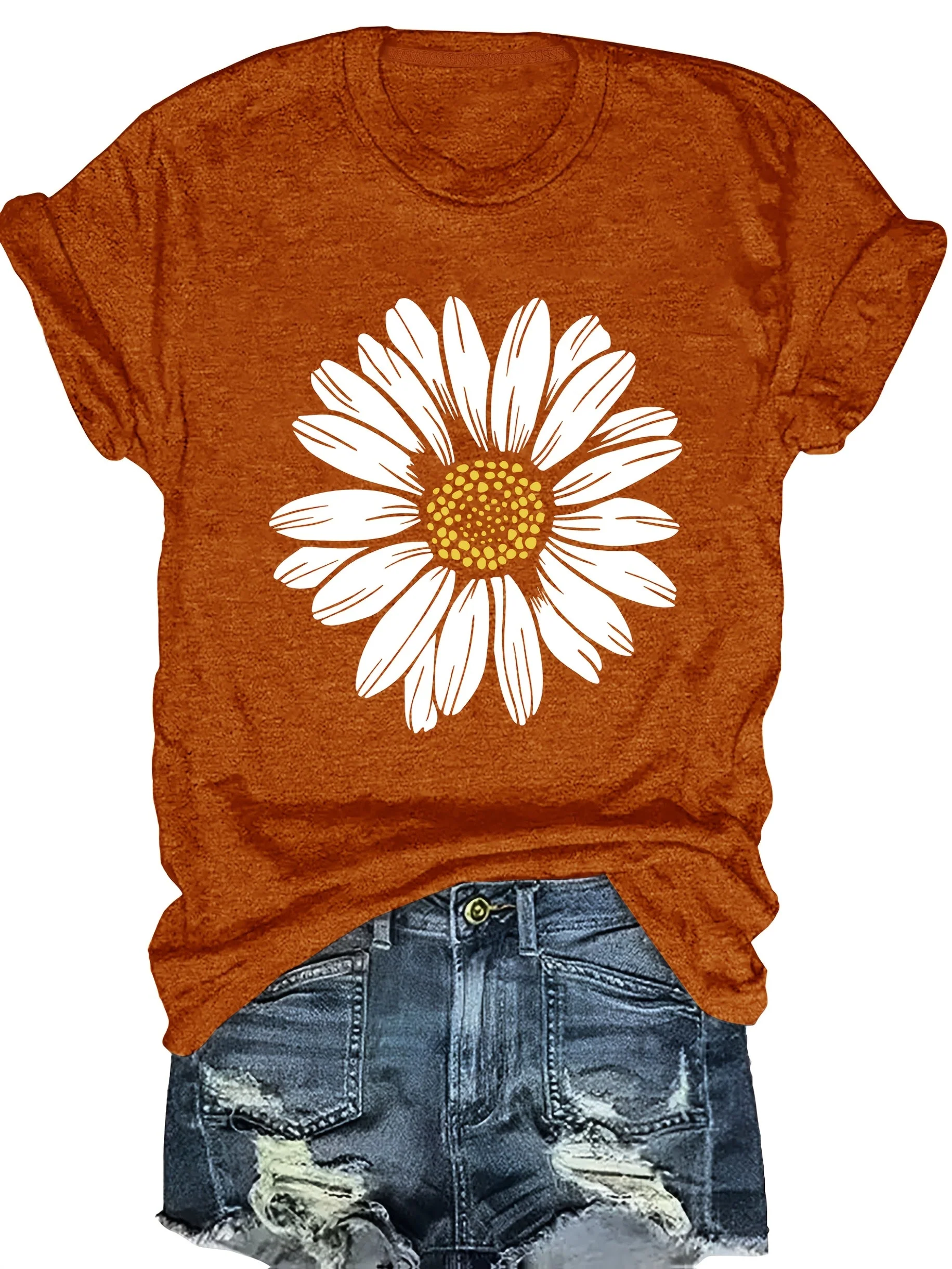 T-shirt femme décontracté motif marguerite pour look estival et tendance - Image 2