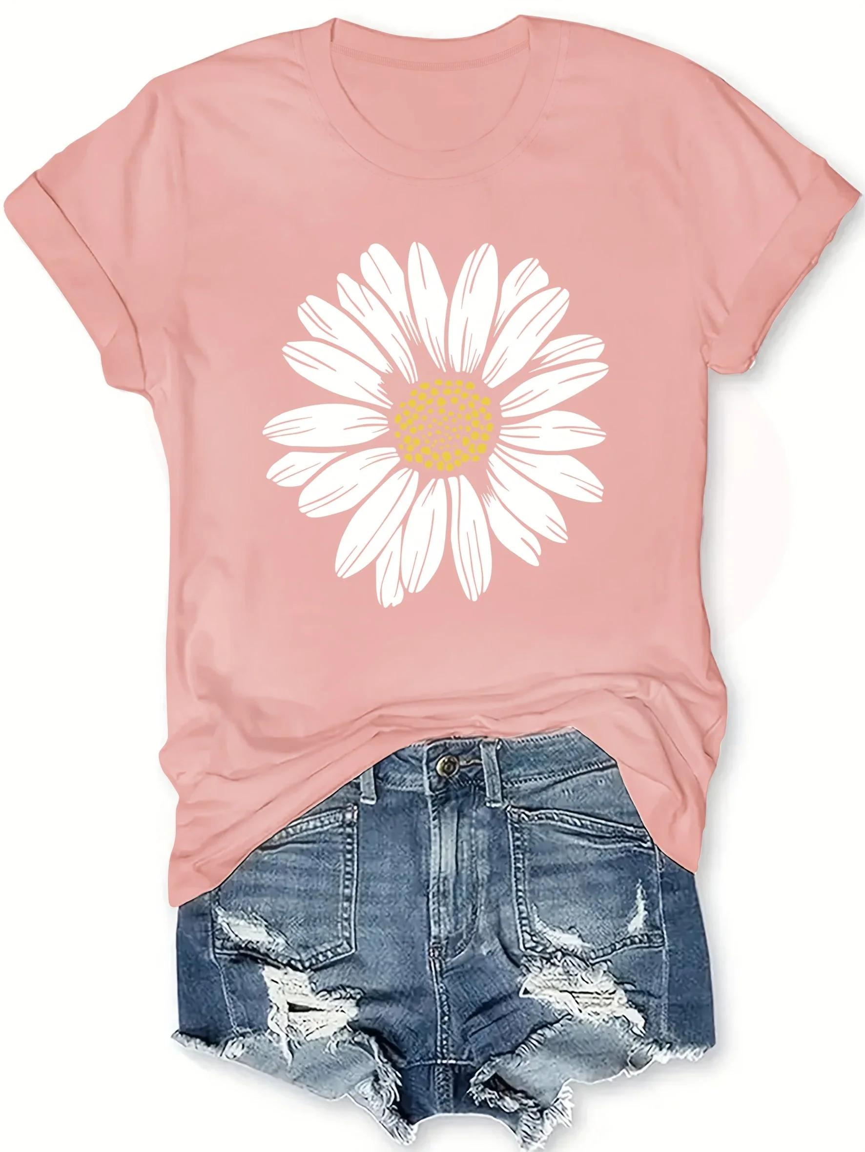 T-shirt femme décontracté motif marguerite pour look estival et tendance - Image 3