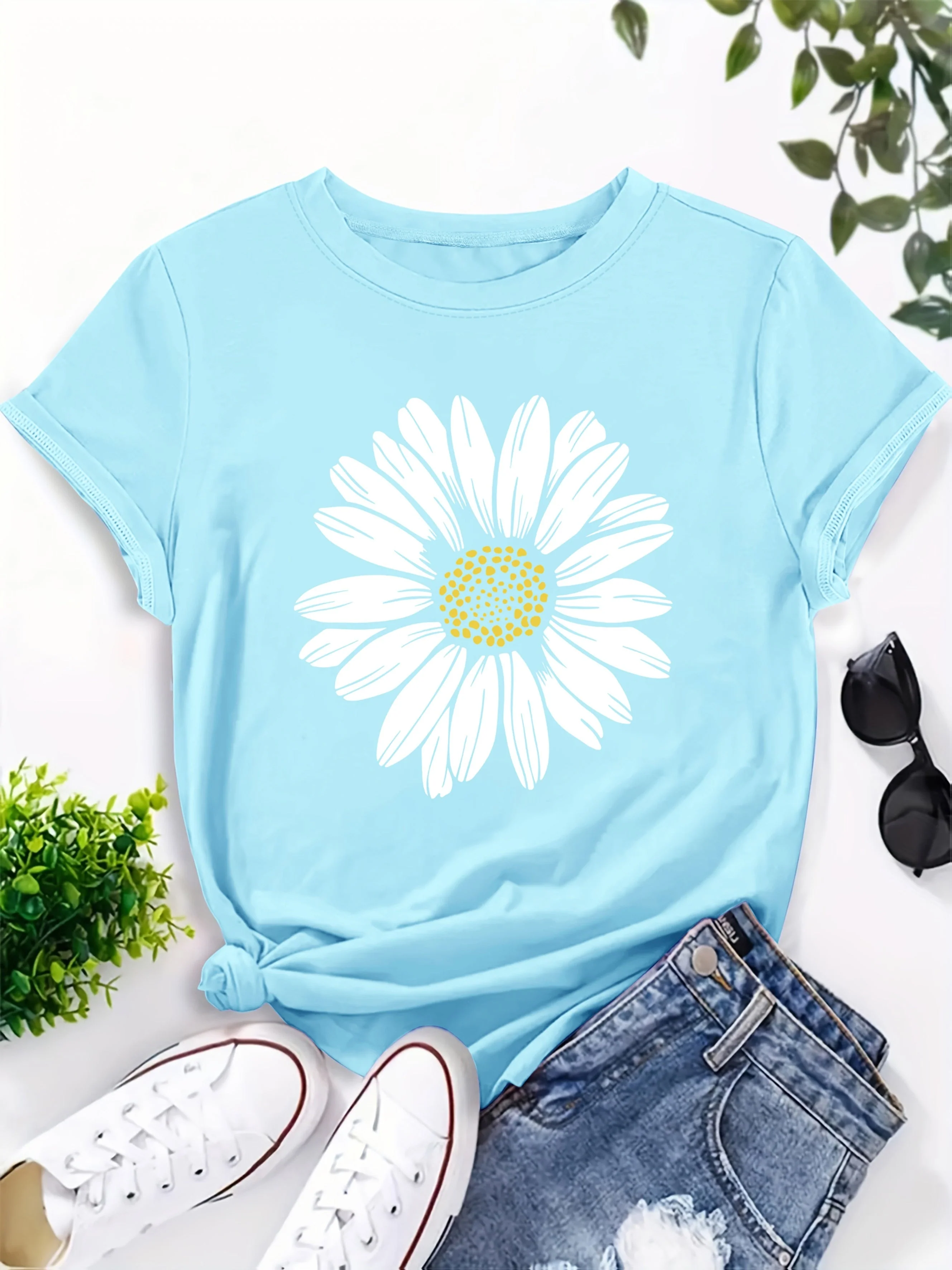 T-shirt femme décontracté motif marguerite pour look estival et tendance - Image 6