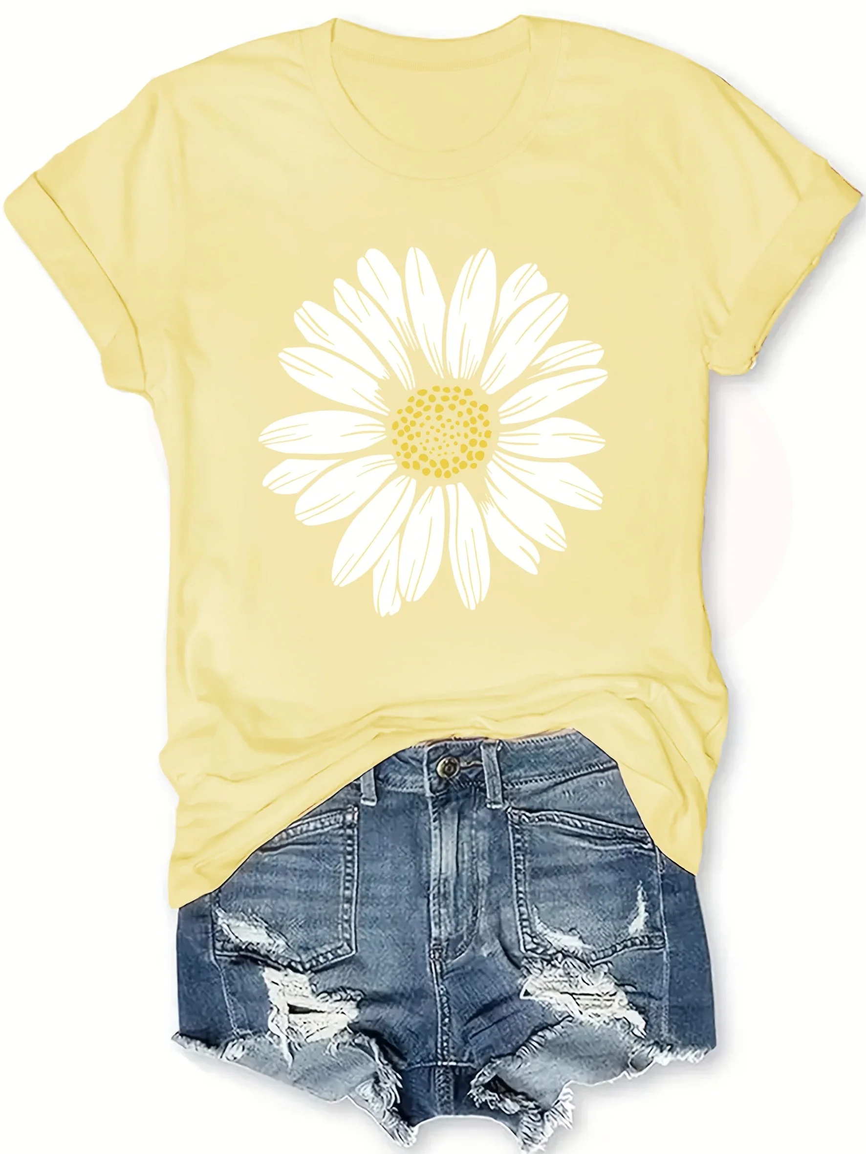 T-shirt femme décontracté motif marguerite pour look estival et tendance - Image 7