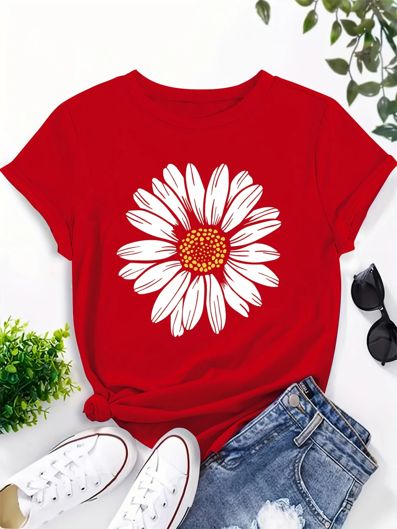 T-shirt femme décontracté motif marguerite pour look estival et tendance - Image 9
